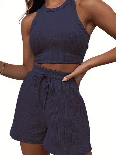 Women Fashion Casual Summer Solid Color Waffles Sleeveless Tank Top Loose Shorts 2-Piece Set