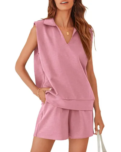 Women Fashion Casual Solid Color Lapel Sleeveless Tank Top Loose Shorts 2-Piece Set