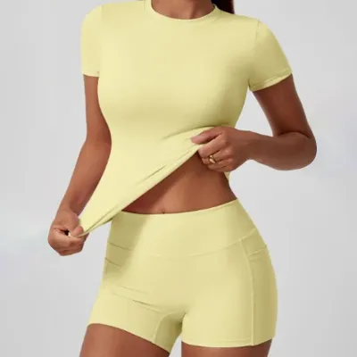 Women Fashion Casual Simple Solid Color Short-Sleeve T-Shirt Tight Shorts Quick-Dry Yoga Sports Two-Piece Set