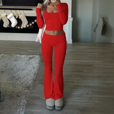 Women Fashion Casual Solid Color Long-Sleeve Top Slim Fit Pants Yoga Sports Two-Piece Set