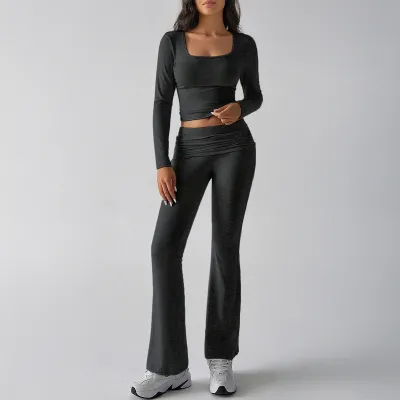 Women Fashion Casual Solid Color Long-Sleeve Top Slim Fit Pants Yoga Sports Two-Piece Set