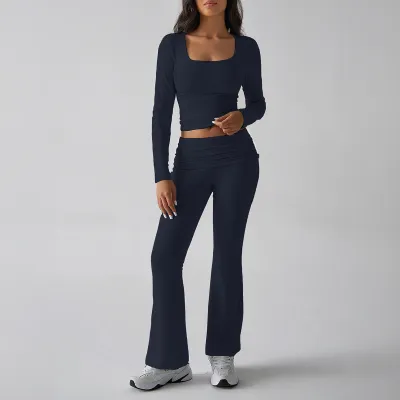 Women Fashion Casual Solid Color Long-Sleeve Top Slim Fit Pants Yoga Sports Two-Piece Set
