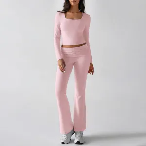 Women Fashion Casual Solid Color Long-Sleeve Top Slim Fit Pants Yoga Sports Two-Piece Set