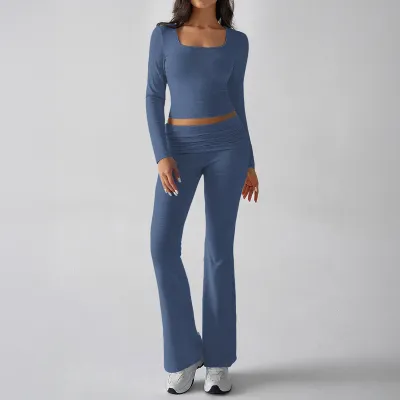 Women Fashion Casual Solid Color Long-Sleeve Top Slim Fit Pants Yoga Sports Two-Piece Set