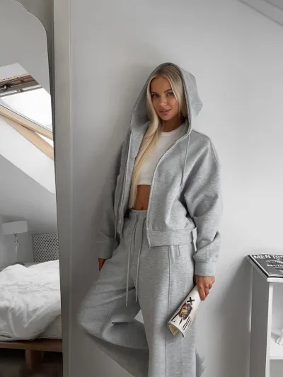 Women Fashion Casual Solid Color Zipper Hoodies Lace-Up Loose Pants Two-Piece Set
