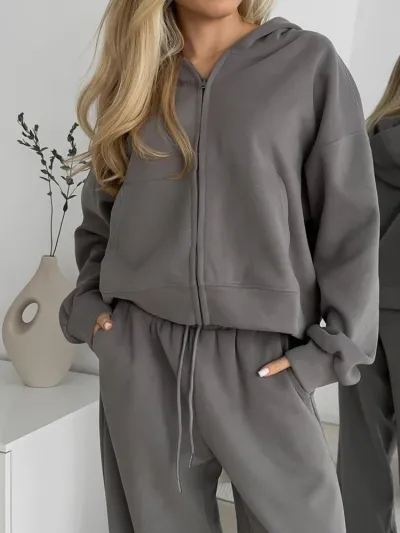Women Fashion Casual Solid Color Zipper Hoodies Lace-Up Loose Pants Two-Piece Set