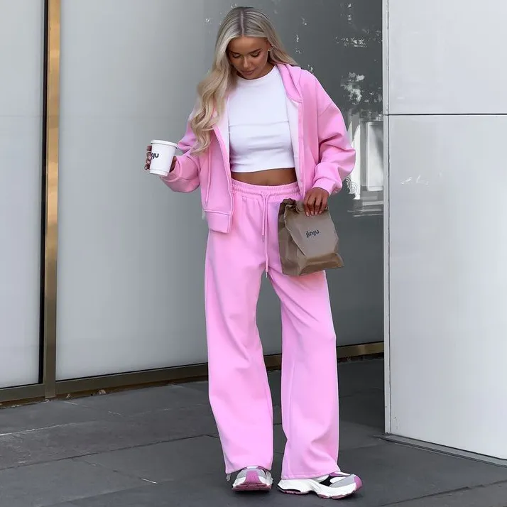 Women Fashion Casual Solid Color Zipper Hoodies Lace-Up Loose Pants Two-Piece Set