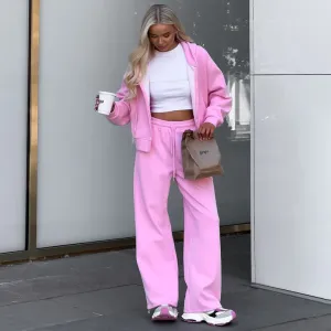 Women Fashion Casual Solid Color Zipper Hoodies Lace-Up Loose Pants Two-Piece Set