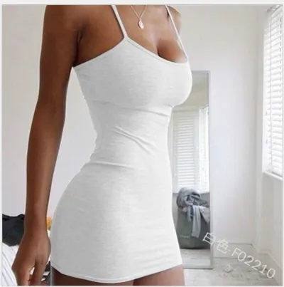 Women Fashion Sexy Summer Simple Solid Color Spaghetti Strap Stretch Dress
