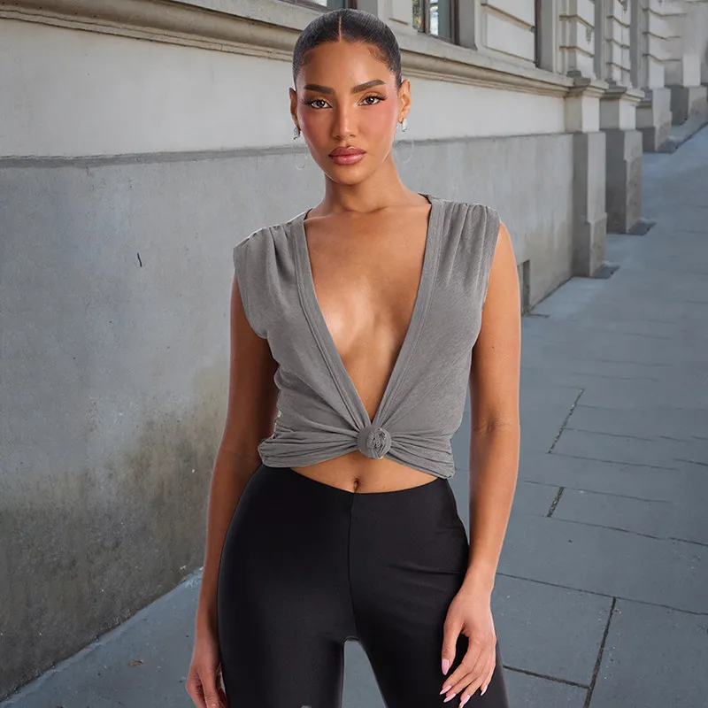 Spring And Summer Women Solid Color Deep V-Neck Sleeveless Short Top