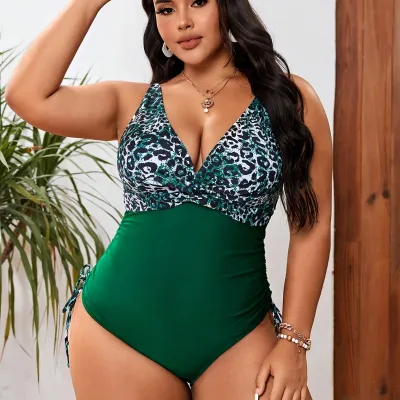 Women Fashion Sexy Plus Size Leopard Printed One-Piece Swimsuit