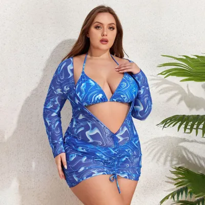 Traje de baño bikini de tres piezas de manga larga estampado, sexy y de talla grande para mujer.