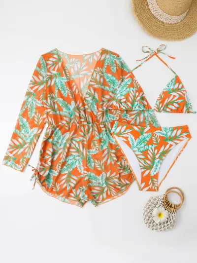 Women Fashion Sexy Plus Size Printed Long-Sleeve Bikini Swimsuit Three-Piece Set