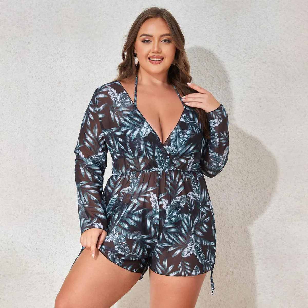 Women Fashion Sexy Plus Size Printed Long-Sleeve Bikini Swimsuit Three-Piece Set