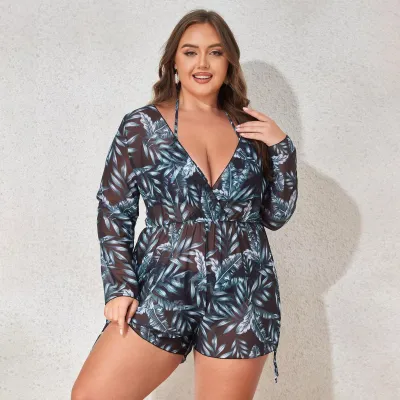 Traje de baño bikini de tres piezas de manga larga estampado, sexy y de talla grande para mujer.