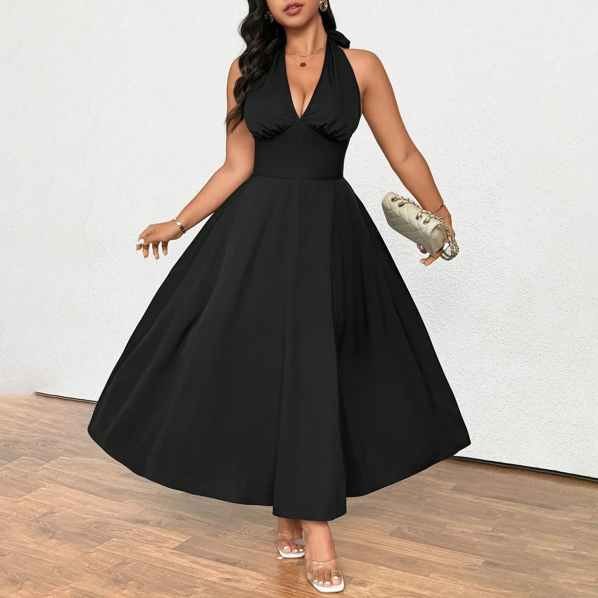 Women Fashion Elegant Summer Plus Size Solid Color V-Neck Halter-Neck Backless A- Line Dress