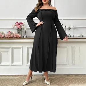 Women Fashion Elegant Spring And Summer Plus Size Off-Shoulder Long-Sleeve Loose Dress