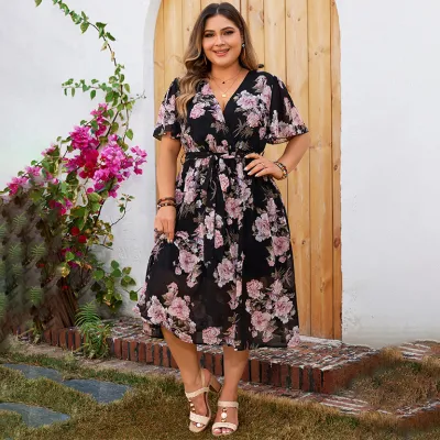Women Fashion Casual Summer Plus Size Flower Printed V-Neck Short-Sleeve Loose Dress