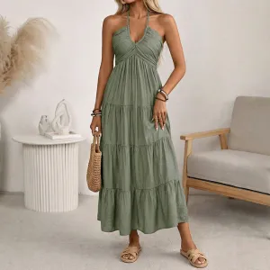 Women Fashion Sexy Summer Boho Vacation Solid Color Halter-Neck Backless Loose Dress