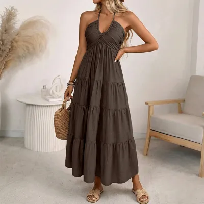 Women Fashion Sexy Summer Boho Vacation Solid Color Halter-Neck Backless Loose Dress