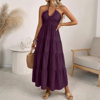 Women Fashion Sexy Summer Boho Vacation Solid Color Halter-Neck Backless Loose Dress