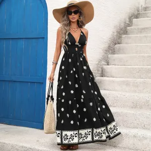 Women Fashion Sexy Summer Boho Vacation Printed Halter-Neck Backless Dress
