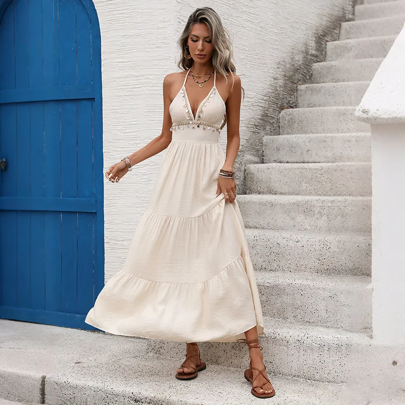 Women Fashion Sexy Summer Boho Vacation Shell Tassel Halter--Neck Backless Dress