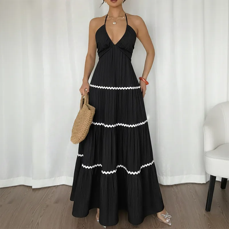 Women Fashion Sexy Summer Boho Vacation Contrast Color Halter-Neck Backless Sleeveless Dress