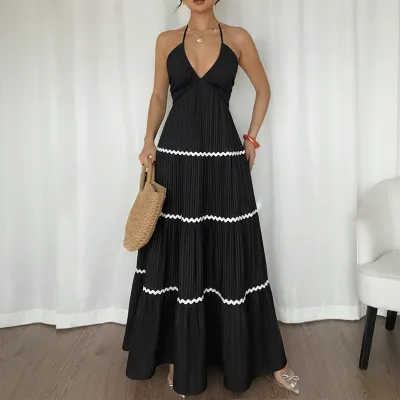 Women Fashion Sexy Summer Boho Vacation Contrast Color Halter-Neck Backless Sleeveless Dress