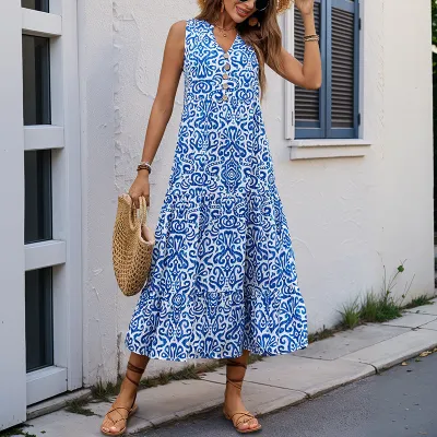 Women Fashion Casual Summer Boho Vacation Printed V-Neck Button Sleeveless Dress