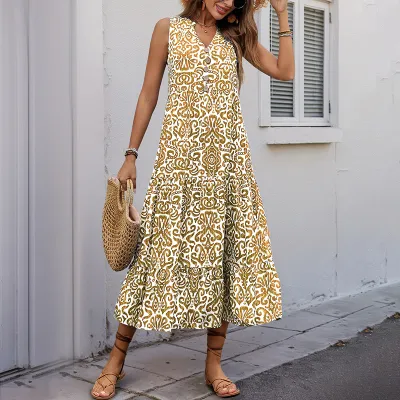 Women Fashion Casual Summer Boho Vacation Printed V-Neck Button Sleeveless Dress