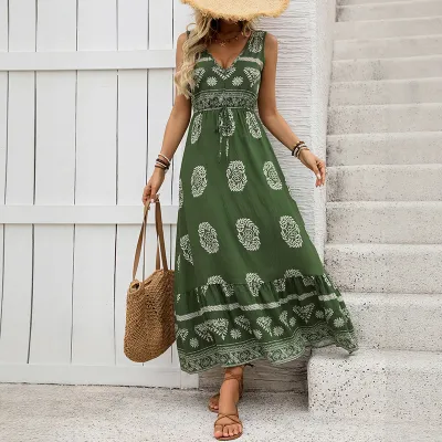 Vestido holgado sin mangas con escote en V estampado, estilo bohemio, para mujer, ideal para vacaciones de verano.