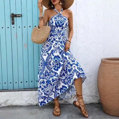 Women Fashion Sexy Summer Boho Vacation Flower Printed Halter-Neck Backless Sleeveless Dress