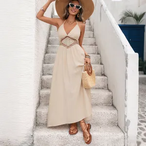 Women Fashion Sexy Summer Boho Vacation Halter-Neck Backless Sleeveless Dress
