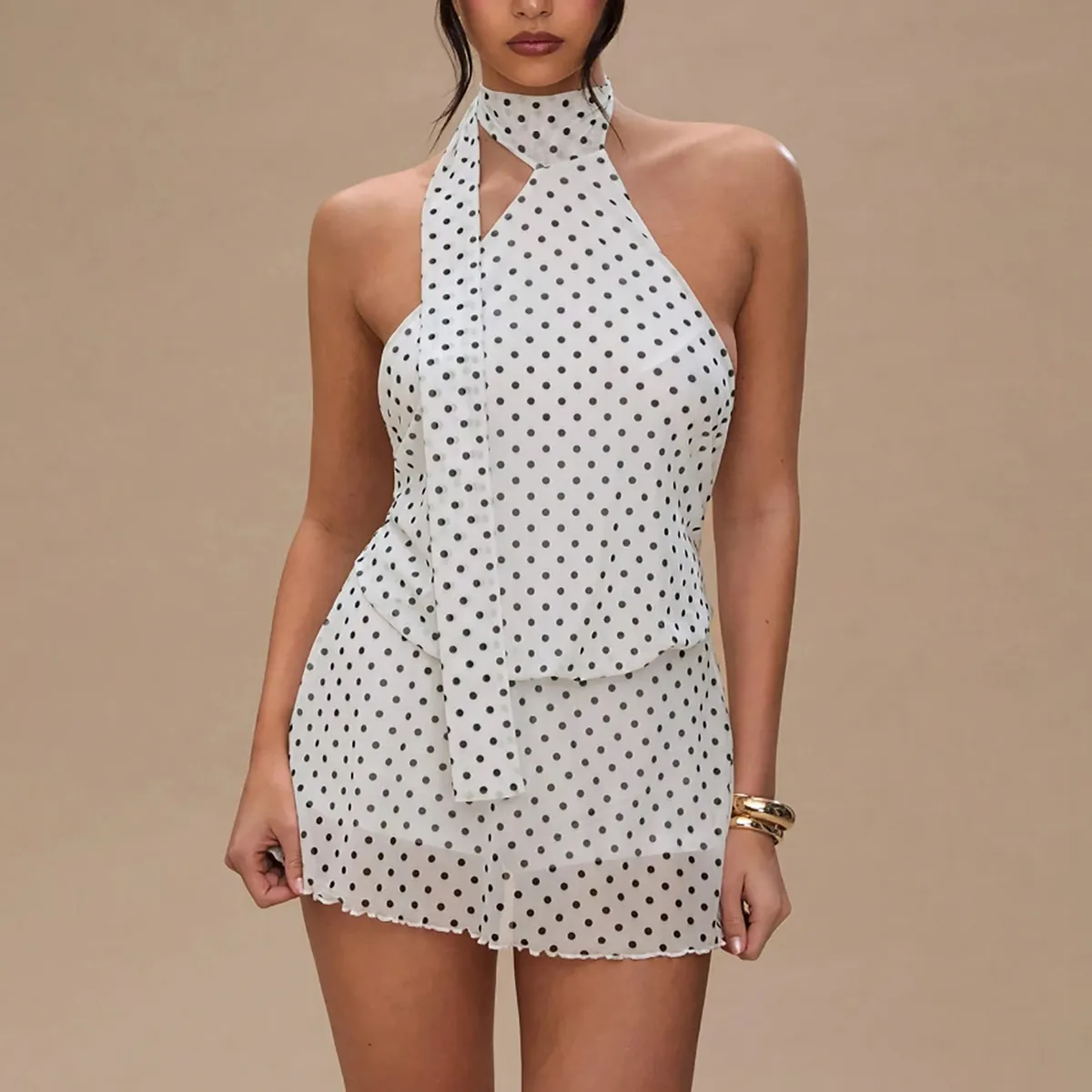 Women Fashion Sexy Elegant Summer Polka Dot Print Halter-Neck Sleeveless Backless Dress