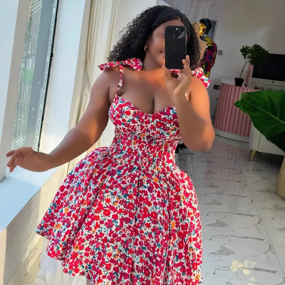 Women Fashion Elegant Spring Flower Printed Bowknot Lace-Up A- Line Dress