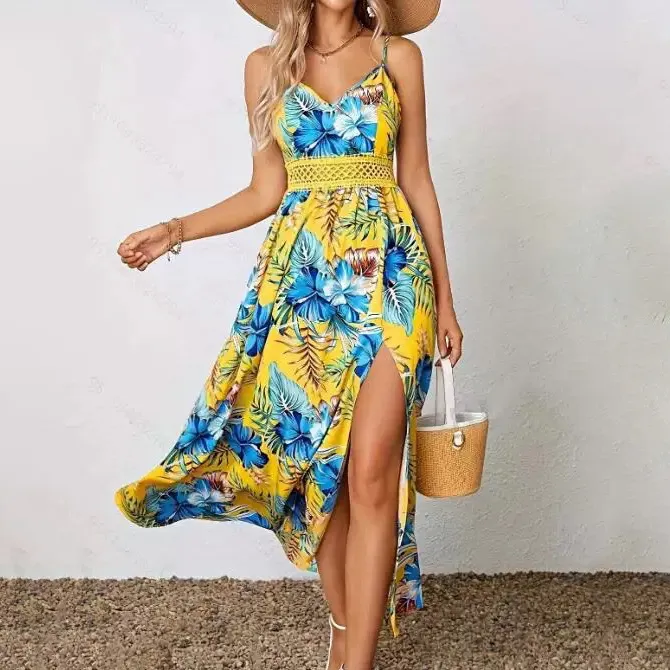 Women Fashion Casual Summer Vacation Flower Printed V-Neck Spaghetti Strap Split Dress