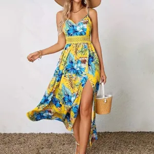 Women Fashion Casual Summer Vacation Flower Printed V-Neck Spaghetti Strap Split Dress