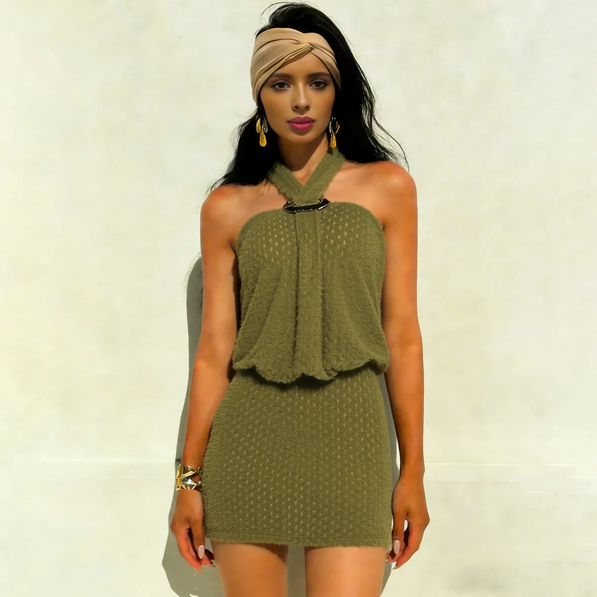 Women Fashion Sexy Summer Solid Color Plush Halter-Neck Sleeveless Backless Dress