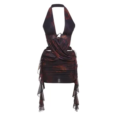 Women Fashion Sexy Summer Print Halter-Neck Strap Mesh Slim Fit Dress