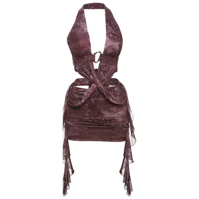 Women Fashion Sexy Summer Print Halter-Neck Strap Mesh Slim Fit Dress