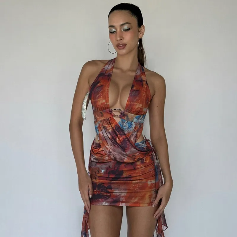 Women Fashion Sexy Summer Print Halter-Neck Strap Mesh Slim Fit Dress