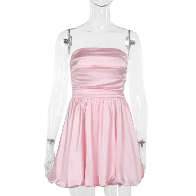 Women Fashion Sexy Elegant Summer Solid Color Tube Top Pleated Dress