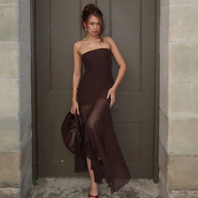 Women Fashion Sexy Summer Solid Color Mesh Stitching Sleeveless Pleated Slim-Fit Dress