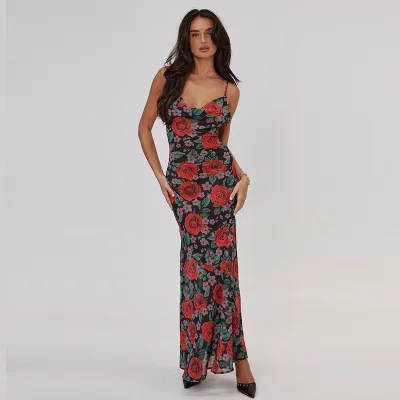Women Fashion Sexy Summer Flower Printed Spaghetti Strap Slim-Fit Dress