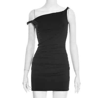 Women Fashion Sexy Spring And Summer Solid Color Irregular Slanted Shoulder Slim Fit Dress