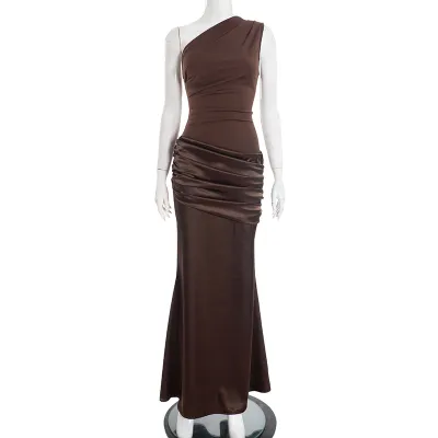 Women Fashon Elegant Summer Solid Color Slanted Shoulder Sleeveless Pleated Stitching Dress