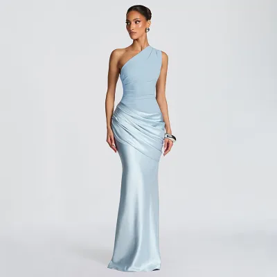 Women Fashon Elegant Summer Solid Color Slanted Shoulder Sleeveless Pleated Stitching Dress
