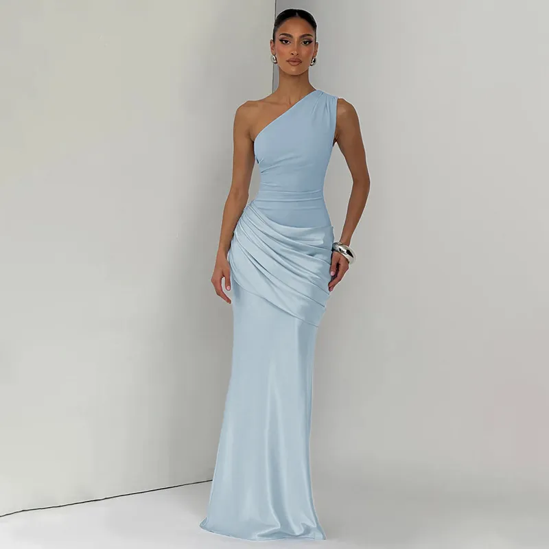Women Fashon Elegant Summer Solid Color Slanted Shoulder Sleeveless Pleated Stitching Dress
