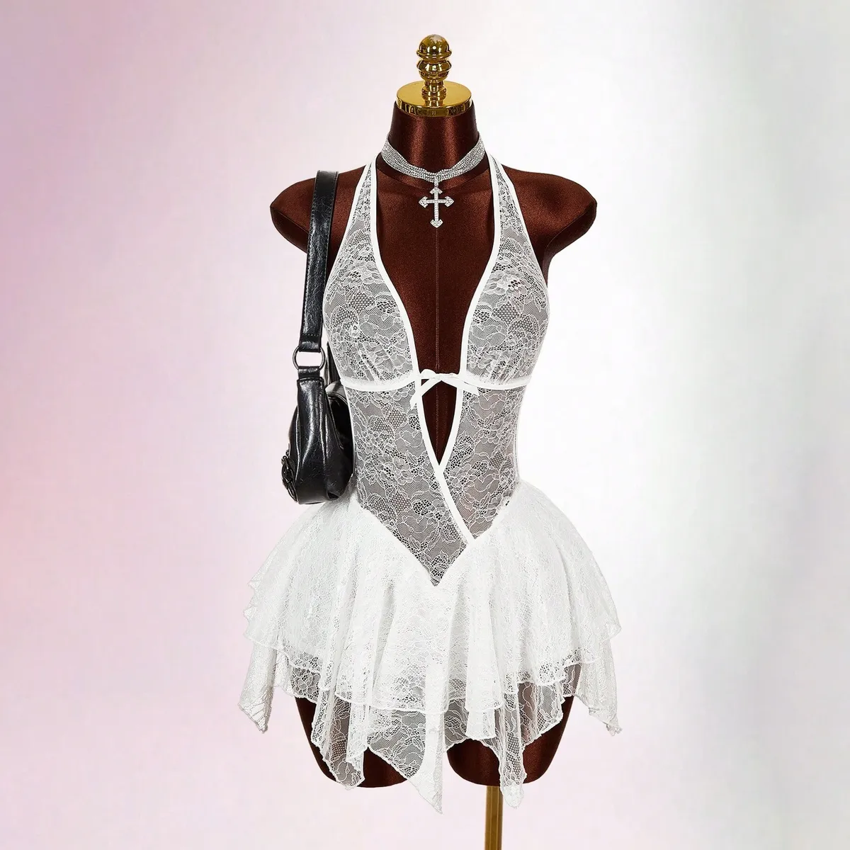 Women Fashion Sexy Summer Solid Color Lace Mesh Perspective Halter-Neck Backless Slim-Fit Rompers